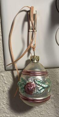 Vintage Germany Embossed Ornament Rose Floral Iridescent 2.5” Christmas